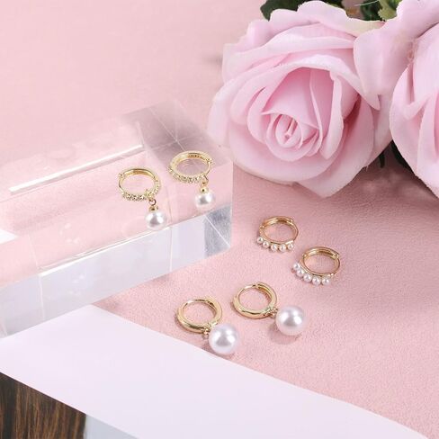 3 Pairs Gold Earrings and Pearl Set, Dainty Pearl Hoop Earrings Ladies' Gold Pearl Earring Set Pearl Earrings Studs Set Stacks Pearl Earring Pearl Earrings Gift for Women Ladies in Saudi Arabia