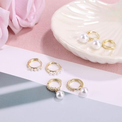 3 Pairs Gold Earrings and Pearl Set, Dainty Pearl Hoop Earrings Ladies' Gold Pearl Earring Set Pearl Earrings Studs Set Stacks Pearl Earring Pearl Earrings Gift for Women Ladies in Saudi Arabia