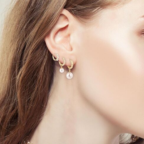 3 Pairs Gold Earrings and Pearl Set, Dainty Pearl Hoop Earrings Ladies' Gold Pearl Earring Set Pearl Earrings Studs Set Stacks Pearl Earring Pearl Earrings Gift for Women Ladies in Saudi Arabia