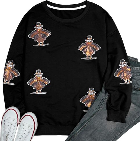 JINTING Thanksgiving Sweatshirt for Women Sequin Turkey Graphic Sweater Causal Holiday Pullover Long Sleeve Fall Tops in Saudi Arabia