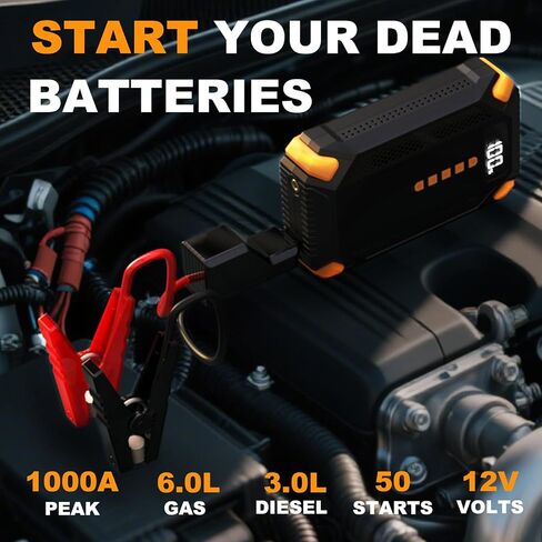 جهاز Jump Starter مع ضاغط هواء، بطارية Jumper Starter محمولة، منفاخ إطارات 150 رطل لكل بوصة مربعة، صندوق القفز 12 فولت، مصباح يدوي LED، شاشة LCD لمحركات الديزل 9 لتر و8 لتر، السيارات، سيارات الدفع الرباعي، الشاحنات in Saudi Arabia