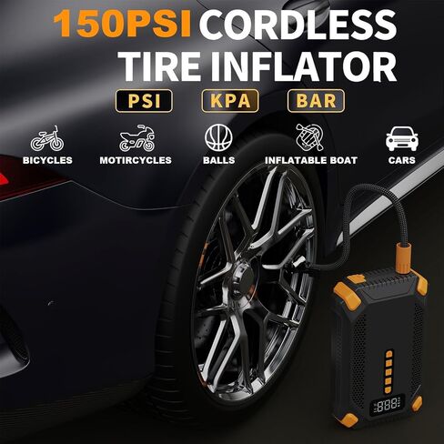جهاز Jump Starter مع ضاغط هواء، بطارية Jumper Starter محمولة، منفاخ إطارات 150 رطل لكل بوصة مربعة، صندوق القفز 12 فولت، مصباح يدوي LED، شاشة LCD لمحركات الديزل 9 لتر و8 لتر، السيارات، سيارات الدفع الرباعي، الشاحنات in Saudi Arabia
