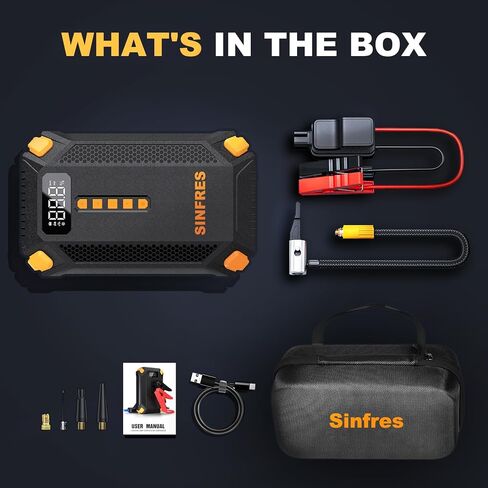 جهاز Jump Starter مع ضاغط هواء، بطارية Jumper Starter محمولة، منفاخ إطارات 150 رطل لكل بوصة مربعة، صندوق القفز 12 فولت، مصباح يدوي LED، شاشة LCD لمحركات الديزل 9 لتر و8 لتر، السيارات، سيارات الدفع الرباعي، الشاحنات in Saudi Arabia