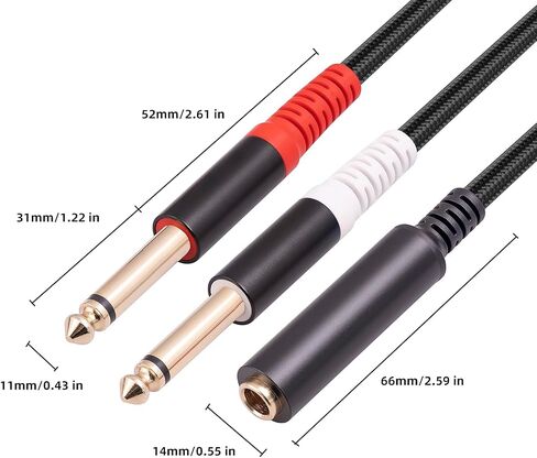1/4 TRS Stereo Audio Cable for Guitar or Mixer with Jack Output, 1 FT, 2 Pack, Black, Splitter Y Adapter, 6.35mm Male to Dual 6.35mm Female Jack Cable, 24K Gold Plating Connectors in Kuwait