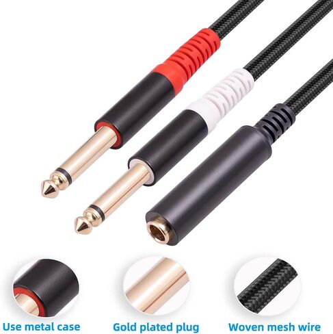 1/4 TRS Stereo Audio Cable for Guitar or Mixer with Jack Output, 1 FT, 2 Pack, Black, Splitter Y Adapter, 6.35mm Male to Dual 6.35mm Female Jack Cable, 24K Gold Plating Connectors in Kuwait