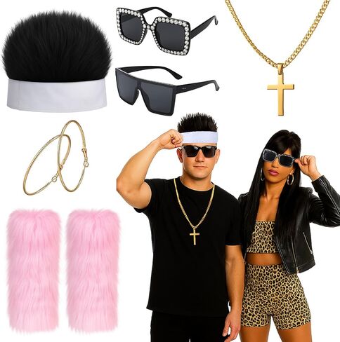 Ramede 6 Pcs Halloween Reality TV Couple Costume Accessories Include Novelty Hair Hats Gold Necklace Oversize Sunglasses Fur Leg Warmers and Earring for Women Men Nightclub Cosplay Party Outfits in Saudi Arabia