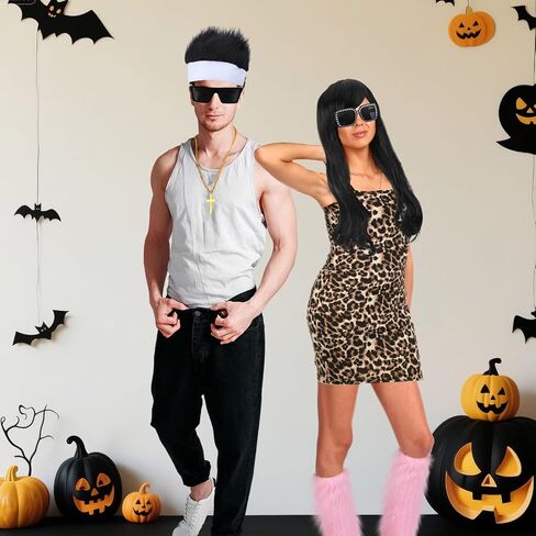 Ramede 6 Pcs Halloween Reality TV Couple Costume Accessories Include Novelty Hair Hats Gold Necklace Oversize Sunglasses Fur Leg Warmers and Earring for Women Men Nightclub Cosplay Party Outfits in Saudi Arabia