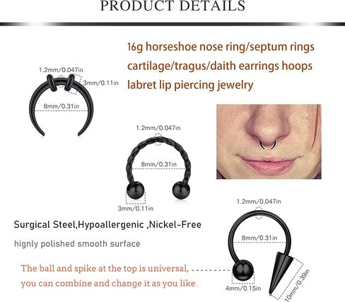 AVYRING حلقات الحاجز 16 جرام حلقات الأنف حدوة الحصان مجوهرات الحاجز الصلب الجراحية الأطواق السوداء الغضروف اللولب Daith Tragus حلق هوب الأنف هوب الدائري هالوين سبايك الشفاه ثقب المجوهرات للنساء الرجال in Kuwait