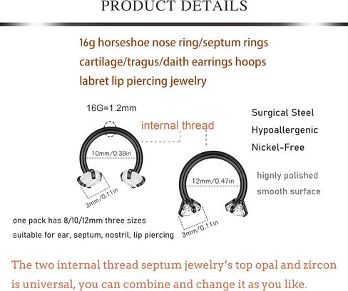 AVYRING حلقات الحاجز 16 جرام حلقات الأنف حدوة الحصان مجوهرات الحاجز الصلب الجراحية الأطواق السوداء الغضروف اللولب Daith Tragus حلق هوب الأنف هوب الدائري هالوين سبايك الشفاه ثقب المجوهرات للنساء الرجال in Kuwait