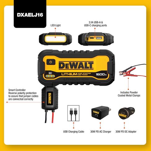 DEWALT DXAELJ25 2500 Peak Amp Li-ion Jump Starter Pack - منفذ USB 3.1 أمبير، منفذ USB-C؛ المشابك الذكية للسلامة. ضوء منطقة LED؛ يحمل تهمة لمدة 1+ سنة؛ مثالية للمحركات V8 والمحركات الأكبر حجمًا in Saudi Arabia