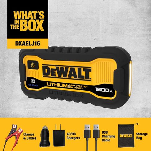 DEWALT DXAELJ25 2500 Peak Amp Li-ion Jump Starter Pack - منفذ USB 3.1 أمبير، منفذ USB-C؛ المشابك الذكية للسلامة. ضوء منطقة LED؛ يحمل تهمة لمدة 1+ سنة؛ مثالية للمحركات V8 والمحركات الأكبر حجمًا in Saudi Arabia