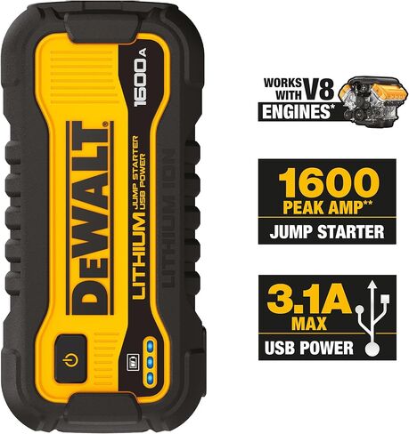 DEWALT DXAELJ25 2500 Peak Amp Li-ion Jump Starter Pack - منفذ USB 3.1 أمبير، منفذ USB-C؛ المشابك الذكية للسلامة. ضوء منطقة LED؛ يحمل تهمة لمدة 1+ سنة؛ مثالية للمحركات V8 والمحركات الأكبر حجمًا in Saudi Arabia
