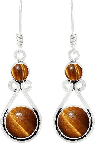 Round Shape Natural Gemstones Dangle Earrings for Women - 925 Sterling Silver Plated Dangle & Drop Handmade Jewelry Earrings - Gifts for Wedding, Anniversary, Christmas, Valentine's Day, New Year in Saudi Arabia