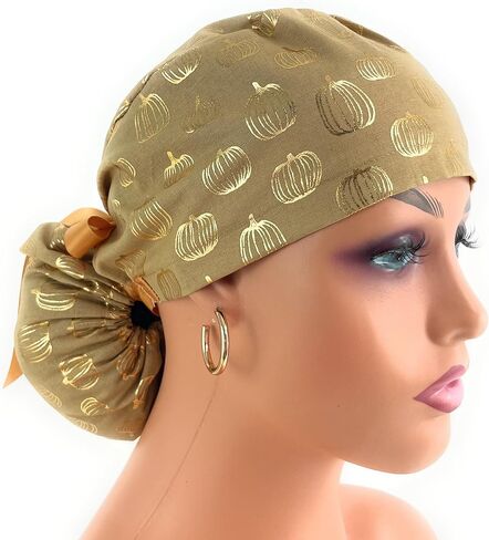 Ponytail Medical Scrub Cap – Gold Pumpkins on Cream– Dr. Hats, Nurses Hats. Scrub Hat for Women in Saudi Arabia