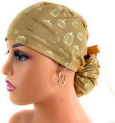 Ponytail Medical Scrub Cap – Gold Pumpkins on Cream– Dr. Hats, Nurses Hats. Scrub Hat for Women in Saudi Arabia