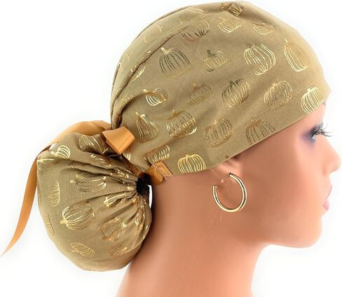 Ponytail Medical Scrub Cap – Gold Pumpkins on Cream– Dr. Hats, Nurses Hats. Scrub Hat for Women in Saudi Arabia