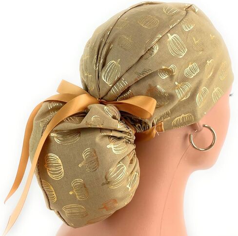 Ponytail Medical Scrub Cap – Gold Pumpkins on Cream– Dr. Hats, Nurses Hats. Scrub Hat for Women in Saudi Arabia