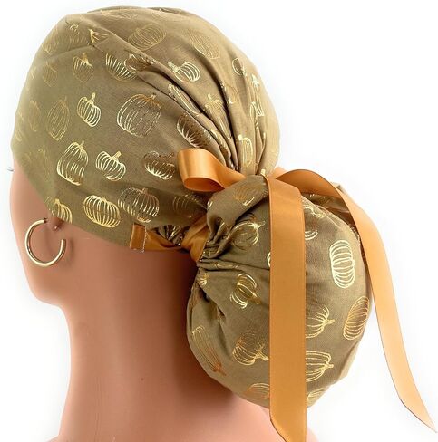 Ponytail Medical Scrub Cap – Gold Pumpkins on Cream– Dr. Hats, Nurses Hats. Scrub Hat for Women in Saudi Arabia