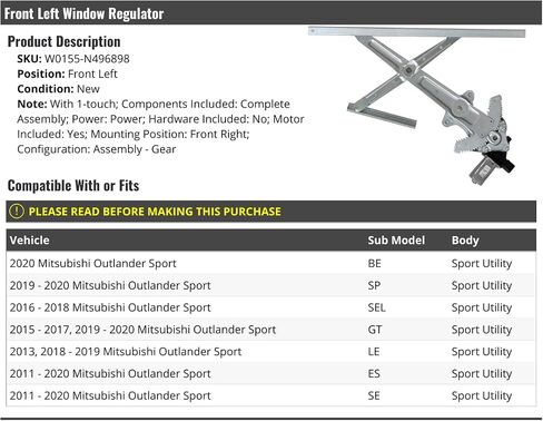 Front Left Driver Side Power Window Regulator and Motor Assembly - with 1-Touch Automatic Option - Compatible with 2011-2020 Mitsubishi Outlander Sport Sport Utility in Saudi Arabia
