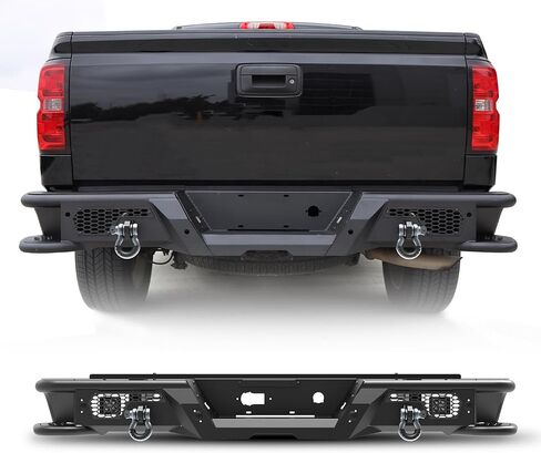 المصد الخلفي للطرق الوعرة من Nixon لسيارة Chevy Silverado 1500 2007-2018 المصد الخلفي للطرق الوعرة من الصلب شديد التحمل لسيارة GMC Sierra 1500 2007-2018 مع حلقات على شكل حرف D ومصابيح LED وفتحة مستشعر، مع تصميم خطوات جانبية، طراز B in Kuwait