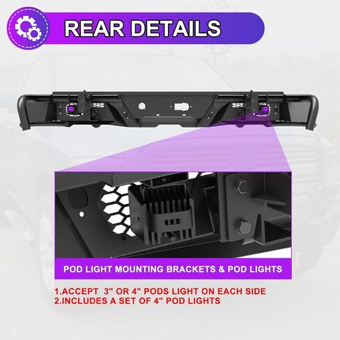 المصد الخلفي للطرق الوعرة من Nixon لسيارة Chevy Silverado 1500 2007-2018 المصد الخلفي للطرق الوعرة من الصلب شديد التحمل لسيارة GMC Sierra 1500 2007-2018 مع حلقات على شكل حرف D ومصابيح LED وفتحة مستشعر، مع تصميم خطوات جانبية، طراز B in Kuwait