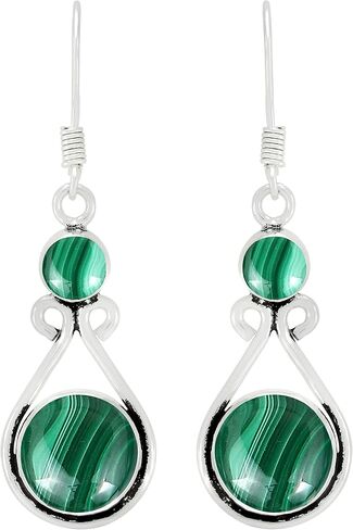Round Shape Natural Gemstones Dangle Earrings for Women - 925 Sterling Silver Plated Dangle & Drop Handmade Jewelry Earrings - Gifts for Wedding, Anniversary, Christmas, Valentine's Day, New Year in Saudi Arabia