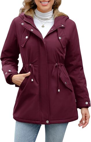 Women's Winter Fleece Thicken Coat Water-Repellent Hood Parka Jacket Warm Zipper Outerwear with Pockets in Kuwait