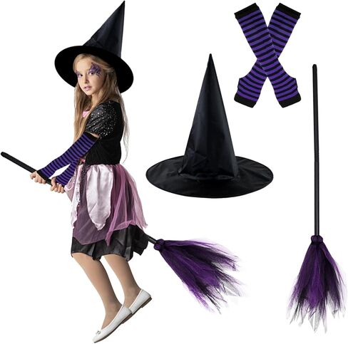 Halloween Witch Costume Accessory Set, Black Witch Hat, Wizard Flying Broom, Halloween Cosplay Party for Women in Kuwait