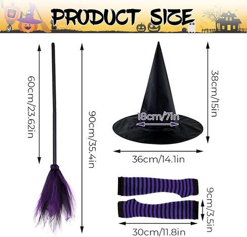 Halloween Witch Costume Accessory Set, Black Witch Hat, Wizard Flying Broom, Halloween Cosplay Party for Women in Kuwait