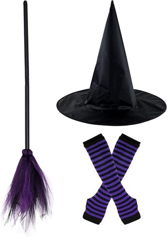 Halloween Witch Costume Accessory Set, Black Witch Hat, Wizard Flying Broom, Halloween Cosplay Party for Women in Kuwait
