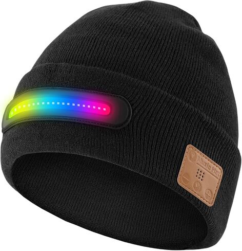 MUSIC LED Beanie Hat with Bluetooth, Multiple Adjustable Light Modes Hat, USB Rechargeable Knit Cap with Headphones Headlamp, Hands-Free Calling, Stocking Stuffers for Men Women Black in Kuwait