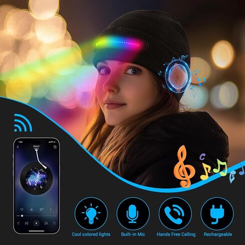 MUSIC LED Beanie Hat with Bluetooth, Multiple Adjustable Light Modes Hat, USB Rechargeable Knit Cap with Headphones Headlamp, Hands-Free Calling, Stocking Stuffers for Men Women Black in Kuwait
