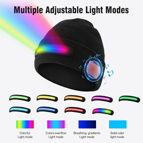 MUSIC LED Beanie Hat with Bluetooth, Multiple Adjustable Light Modes Hat, USB Rechargeable Knit Cap with Headphones Headlamp, Hands-Free Calling, Stocking Stuffers for Men Women Black in Kuwait