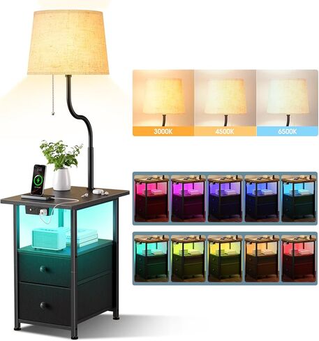 addlon Floor Lamp with Side Table, Nightstand with Charging Station, 3 Color Temperatures 9W LED Bulb, Floor Lamps for Living Room, Bedroom, Storage End Tables Living Room - Black in Kuwait