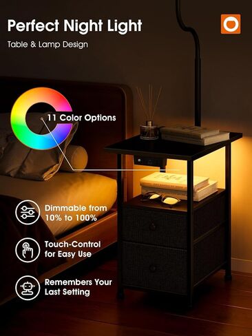 addlon Floor Lamp with Side Table, Nightstand with Charging Station, 3 Color Temperatures 9W LED Bulb, Floor Lamps for Living Room, Bedroom, Storage End Tables Living Room - Black in Kuwait