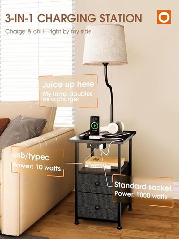 addlon Floor Lamp with Side Table, Nightstand with Charging Station, 3 Color Temperatures 9W LED Bulb, Floor Lamps for Living Room, Bedroom, Storage End Tables Living Room - Black in Kuwait