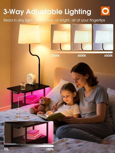 addlon Floor Lamp with Side Table, Nightstand with Charging Station, 3 Color Temperatures 9W LED Bulb, Floor Lamps for Living Room, Bedroom, Storage End Tables Living Room - Black in Kuwait