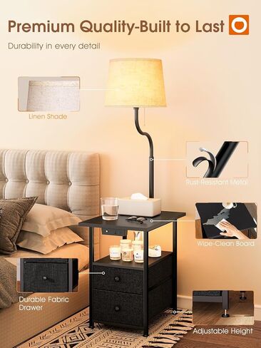 addlon Floor Lamp with Side Table, Nightstand with Charging Station, 3 Color Temperatures 9W LED Bulb, Floor Lamps for Living Room, Bedroom, Storage End Tables Living Room - Black in Kuwait