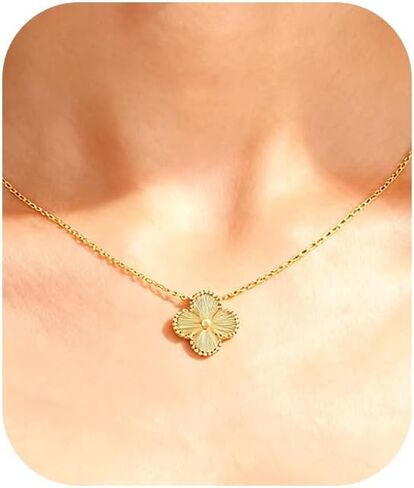 Four-Leaf Clover Necklace, 18K Gold Plated Lucky Flower Pendan, Dainty Floral Charm Chain for Women, Timeless Design for Daily Wear and Gift in Saudi Arabia