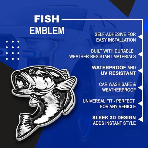 Bass Emblem 3D Fish Badge – Custom Car Sticker for Car, Truck, SUV, Trunk, Hood, Fender – Set of 2 (Chrome) in Kuwait
