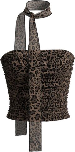 MakeMeChic Women's Strapless Leopard Mesh Tube Top Sleeveless Ruched Bandeau Crop Festival Rave Tops with Scarf in Saudi Arabia