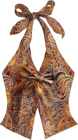 Women's Boho Printed Halter Tops Twist Front Tie Backless Tank Hippie Fitted Crop Tops in Saudi Arabia