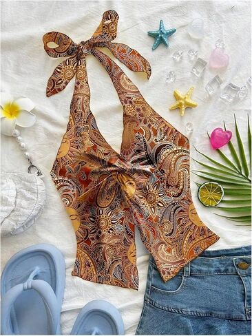 Women's Boho Printed Halter Tops Twist Front Tie Backless Tank Hippie Fitted Crop Tops in Saudi Arabia