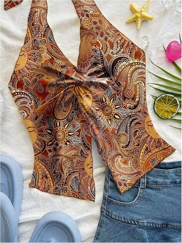 Women's Boho Printed Halter Tops Twist Front Tie Backless Tank Hippie Fitted Crop Tops in Saudi Arabia