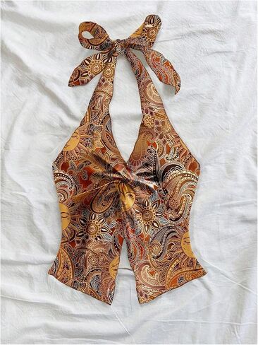 Women's Boho Printed Halter Tops Twist Front Tie Backless Tank Hippie Fitted Crop Tops in Saudi Arabia