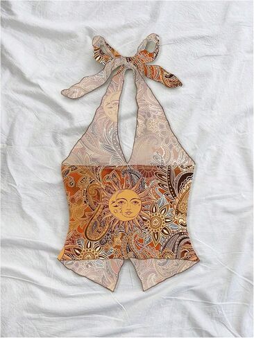 Women's Boho Printed Halter Tops Twist Front Tie Backless Tank Hippie Fitted Crop Tops in Saudi Arabia