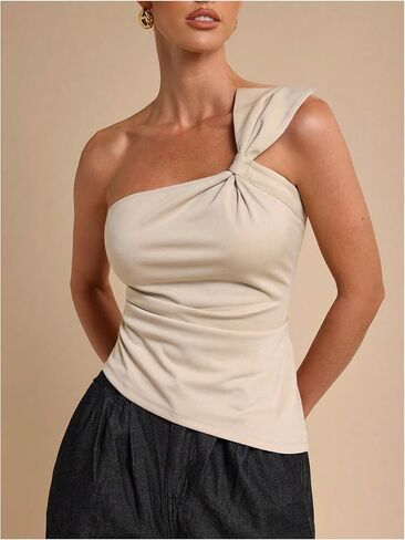 WDIRARA Women's Bowknot Ruched Tank Tops Sleeveless Asymmetrical Fitted Tops in Saudi Arabia