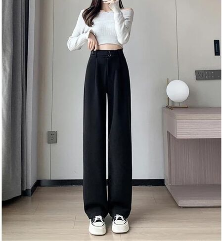 Women Winter Wool Wide Leg Pants High Waist Suit Straight Pants Korean Thick Baggy Woolen Full Trousers in Saudi Arabia