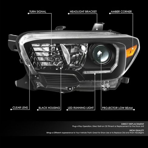 زوج من مجموعات المصابيح الأمامية من DNA MOTORING متوافق مع Tacoma 2016-2023، هالوجين، إطار أسود كامل مع LED DRL، OEM-HL-0250 in Saudi Arabia