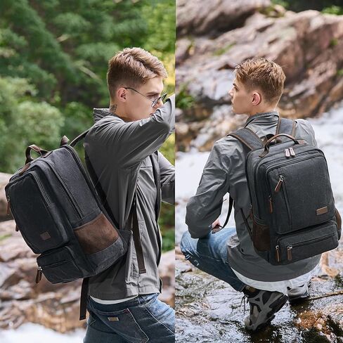 حقيبة ظهر للكمبيوتر المحمول من القماش للرجال والنساء، حقيبة ظهر متينة للسفر والعمل تناسب أجهزة الكمبيوتر المحمول وأجهزة الكمبيوتر المحمول مقاس 15.6 بوصة، وحقائب ظهر جامعية وحقيبة كمبيوتر في عطلة نهاية الأسبوع والمشي لمسافات طويلة (أسود) in Kuwait